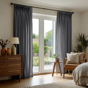 Dim Grey Linen Pinch Pleat Curtains for Sliding Doors in a Bedroom with Cream Walls
@Heading: Pinch Pleat