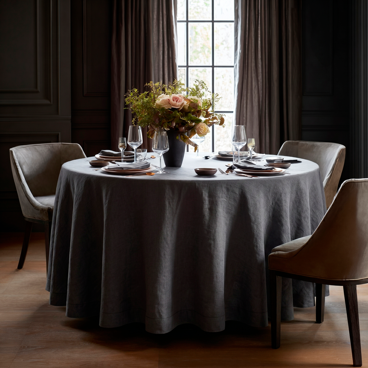 Dim Grey Linen Round Tablecloth in a Moody Dining Room with Dark Wall Paneling and Taupe Curtains