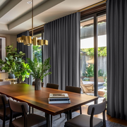 Dim Grey Linen Pencil Pleat Curtains for Sliding Doors in a Dining Room with Taupe Walls - Cotton Lining
@Heading: S-Fold