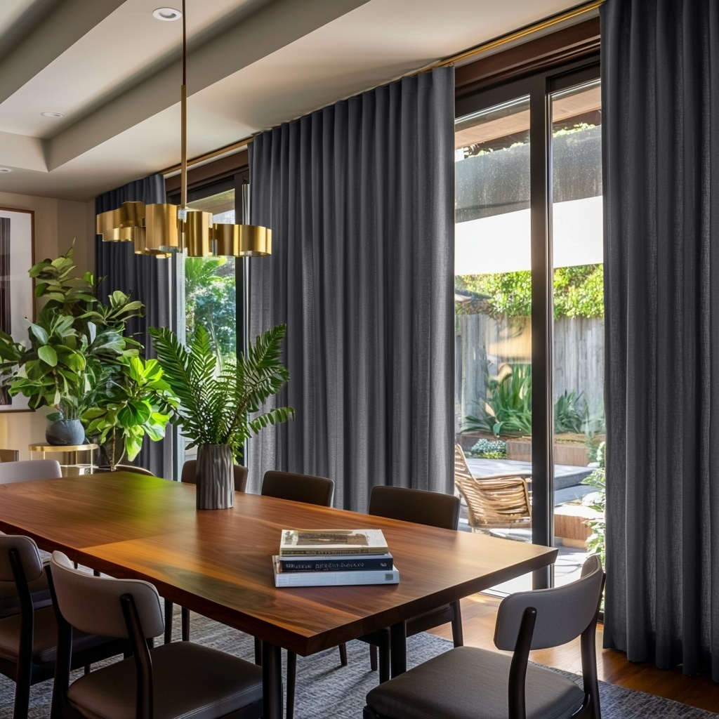 Dim Grey Linen Pencil Pleat Curtains for Sliding Doors in a Dining Room with Taupe Walls - Cotton Lining
@Heading: S-Fold