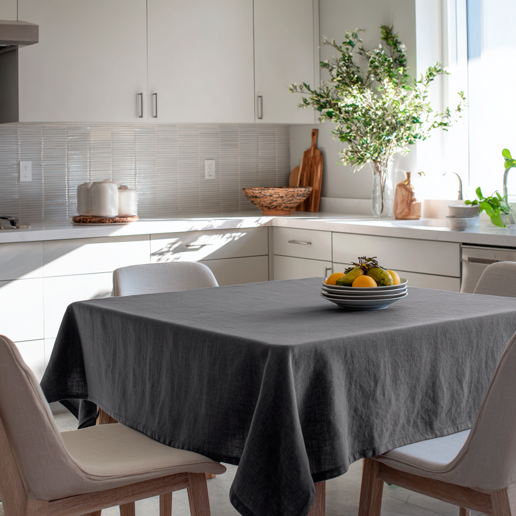 Dim Grey Square Linen Tablecloth in a Bright Modern Kitchen with White Cabinetry and Natural Wood