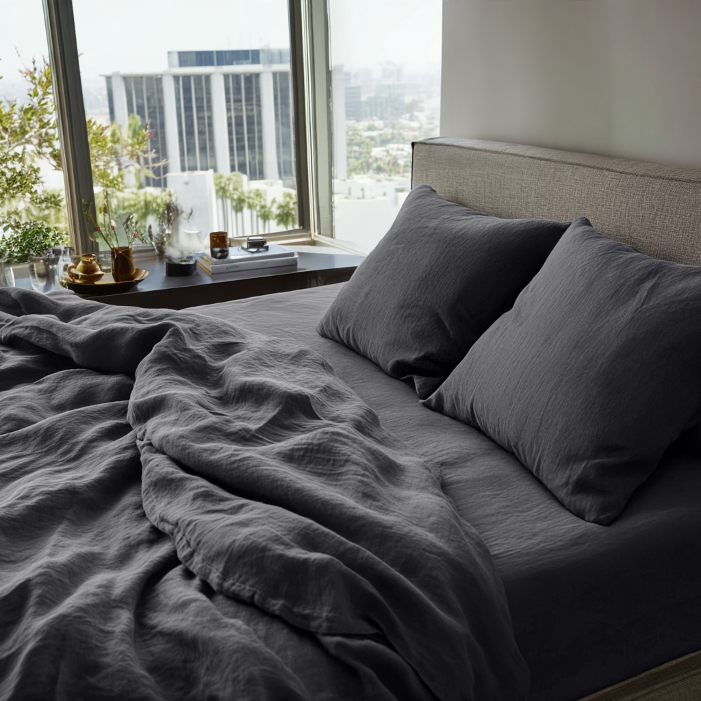 Dim Soft Grey Washed Linen Extra Deep Pocket Fitted Sheet Set