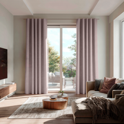 Dusty Pink Linen Back Tab Curtains for Sliding Doors in a Living Room with Off-White Walls - Blackout Lining