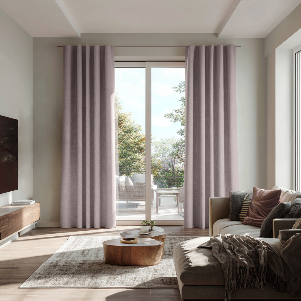 Dusty Pink Linen Back Tab Curtains for Sliding Doors in a Living Room with Off-White Walls - Blackout Lining