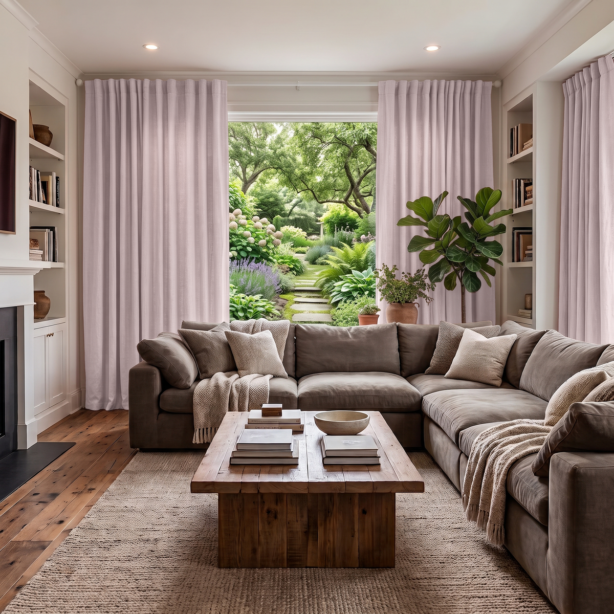 Dusty Pink Linen Back Tab Extra Long Curtains in a Styled Living Room with Large Sectional Sofa and Built-In White Shelves and a Rustic Wooden Coffee Table
