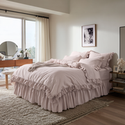 Dusty Pink Linen Bed Skirt with Gathered Ruffles