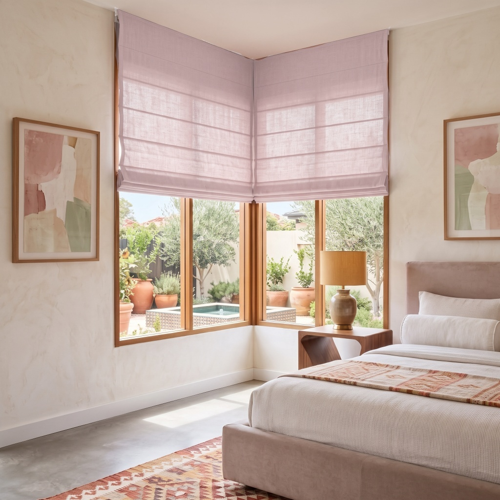 Dusty Pink Roman Shades in a Modern Bedroom with Cream Walls
