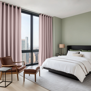 Dusty Pink Linen Grommet Bedroom Curtains in a Modern Bedroom with Pale Sage Walls - Blackout Lining