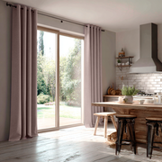 Dusty Pink Linen Grommet Curtains for Sliding Doors in a Kitchen with Light Grey Walls - Blackout Lining