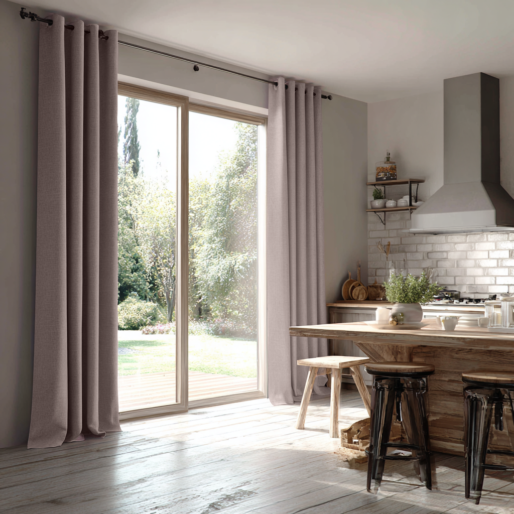 Dusty Pink Linen Grommet Curtains for Sliding Doors in a Kitchen with Light Grey Walls - Blackout Lining