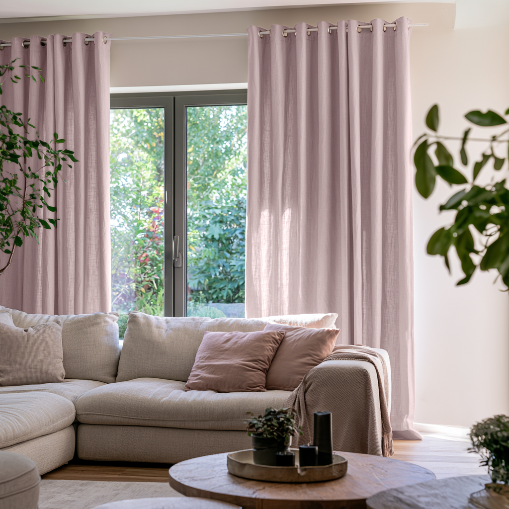Dusty Pink Linen Grommet Extra Long Curtains in a Contemporary Living Room with Neutral Sectional Sofa and Indoor Greenery
