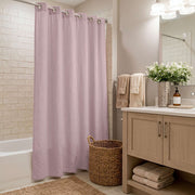 Dusty Pink Linen Hookless Shower Curtain in a Classic Bathroom with Warm Beige Walls and Light Wood Vanity