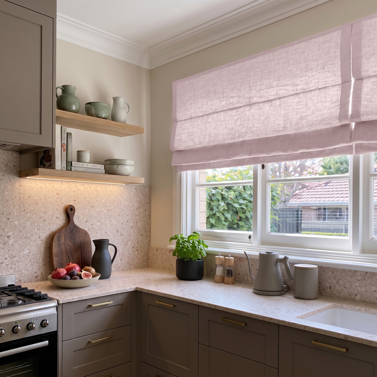 Dusty Pink Linen Roman Shades in a Modern Kitchen with Taupe Cabinetry - Cotton Lining