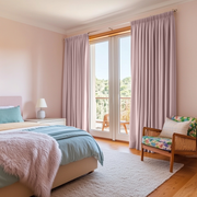 Dusty Pink Linen Pencil Pleat Curtains in a Soft Bedroom with Blush Pink Walls and Pastel Blue Accents - Blackout Lining