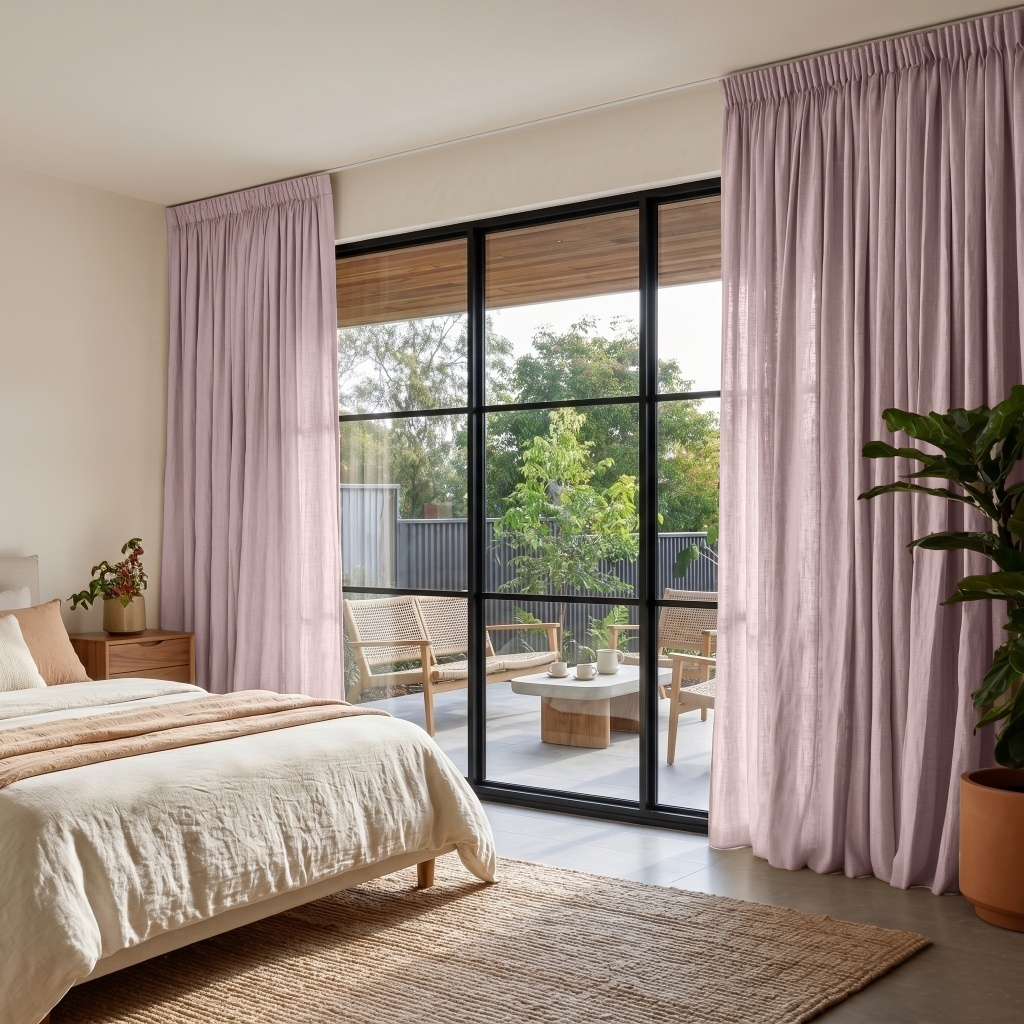 Dusty Pink Linen Pencil Pleat Curtains in a Modern Bedroom with Warm Wood Accents