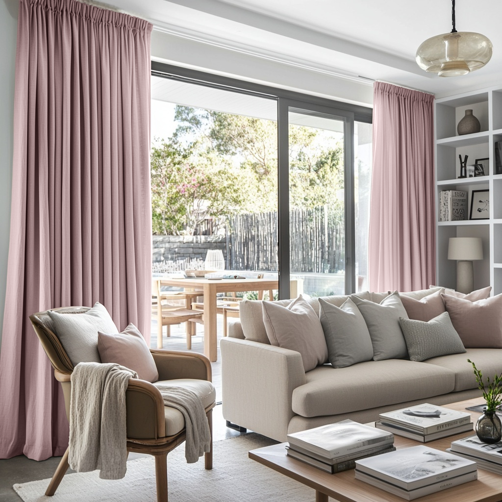 Dusty Pink Linen Pencil Pleat Curtains for Sliding Doors in a Living Room with Bright White Walls - Cotton Lining