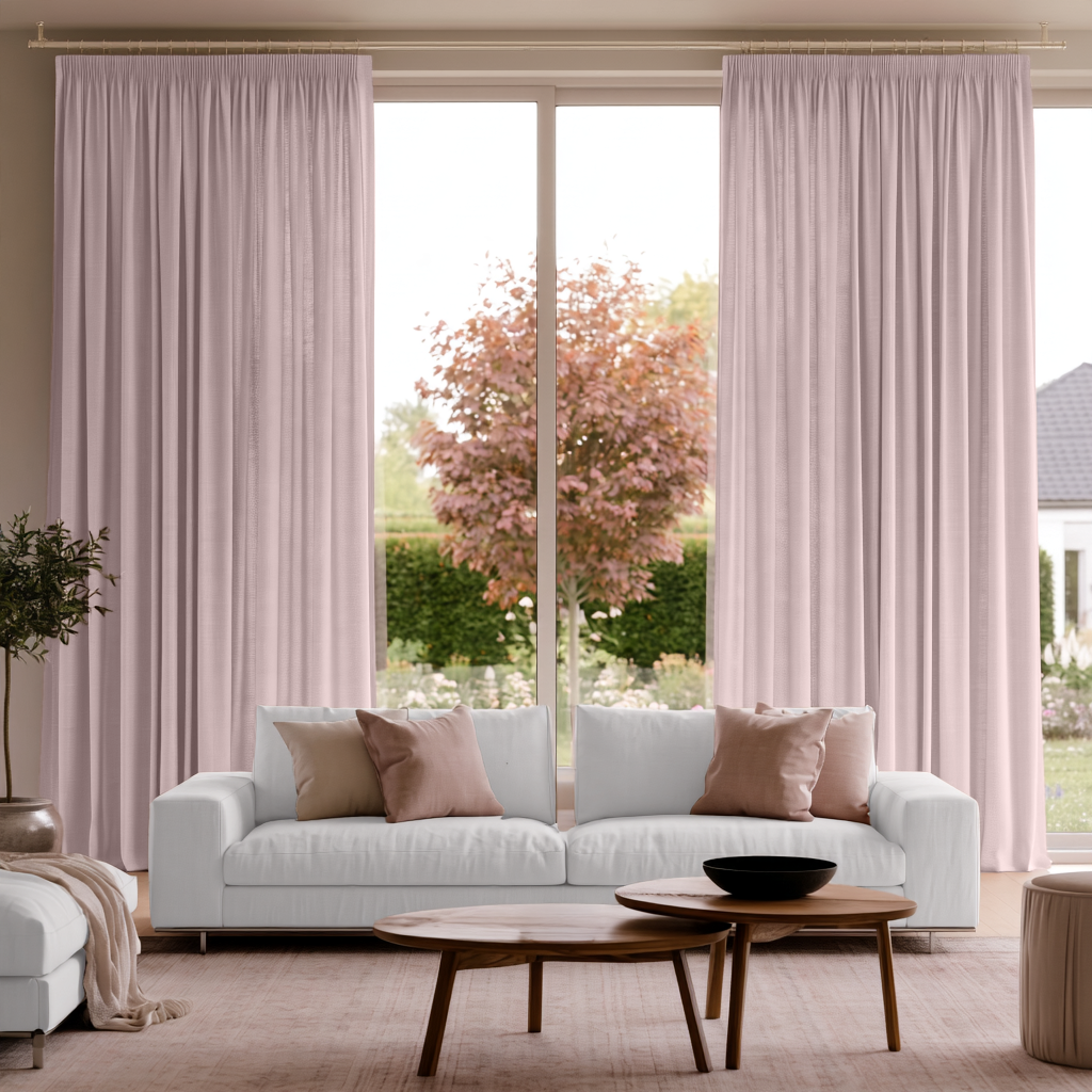Dusty Pink Linen Pencil Pleat Extra Long Curtains in a Modern Living Room with White Sofa, Wooden Coffee Table, and a View of a Tree Outside