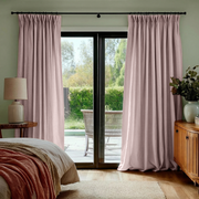 Dusty Pink Linen Pinch Pleat Curtains for Sliding Doors in a Bedroom with Sage Green Walls - Cotton Lining