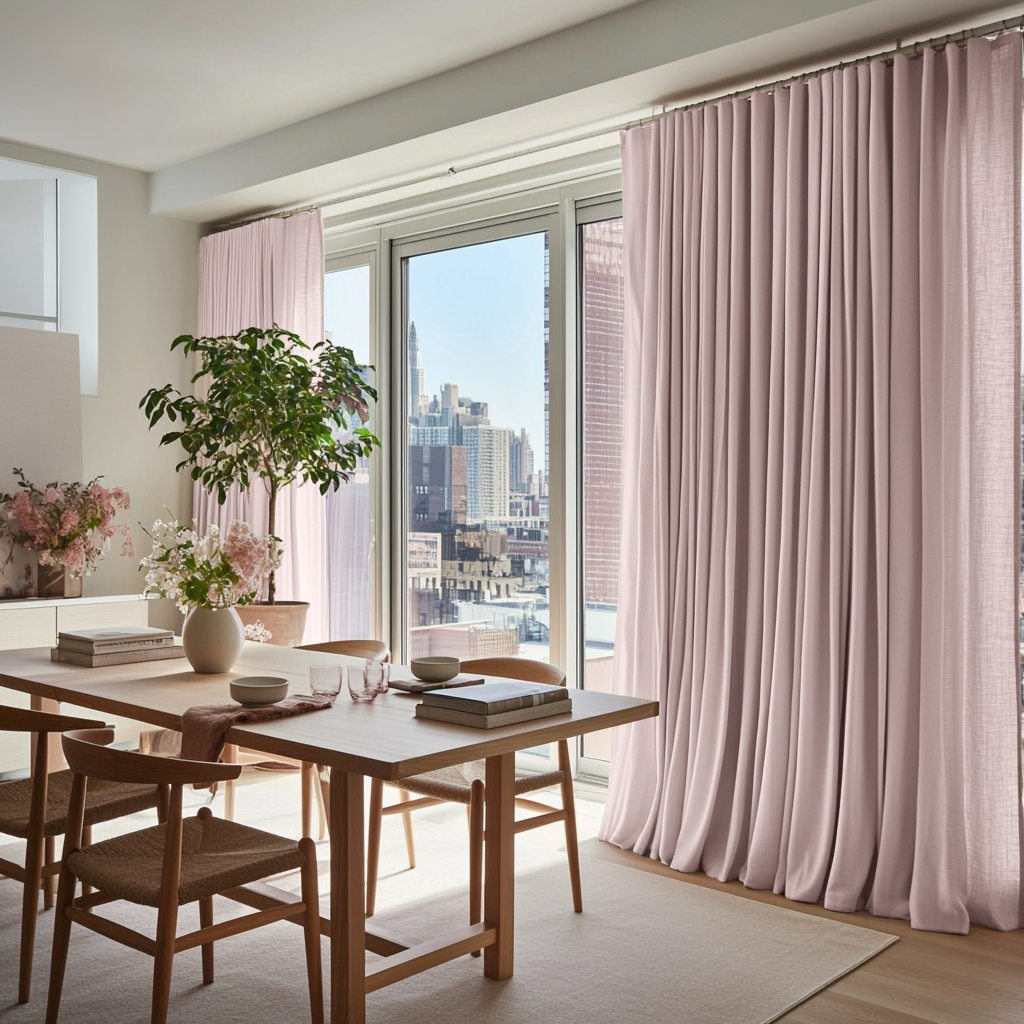 Dusty Pink Linen S-Fold Curtains for Sliding Doors in a Dining Room with Off-White Walls