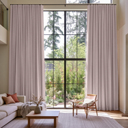 Dusty Pink Linen S-Fold Extra Long Curtains in a Bright, Modern Living Room with Floor-to-Ceiling Windows and Garden View