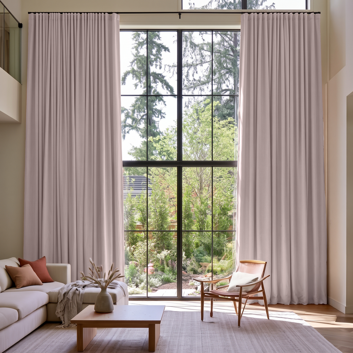 Dusty Pink Linen S-Fold Extra Long Curtains in a Bright, Modern Living Room with Floor-to-Ceiling Windows and Garden View