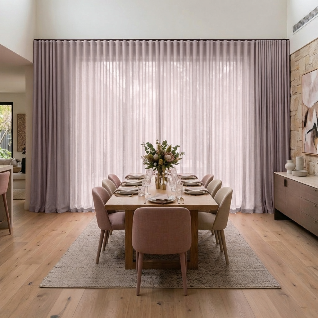 Dusty Pink Linen S-Fold Dining Room Curtain in a Contemporary Dining Room with White Walls and a Light Wood Dining Table Beside a Textured Stone Accent Wall.