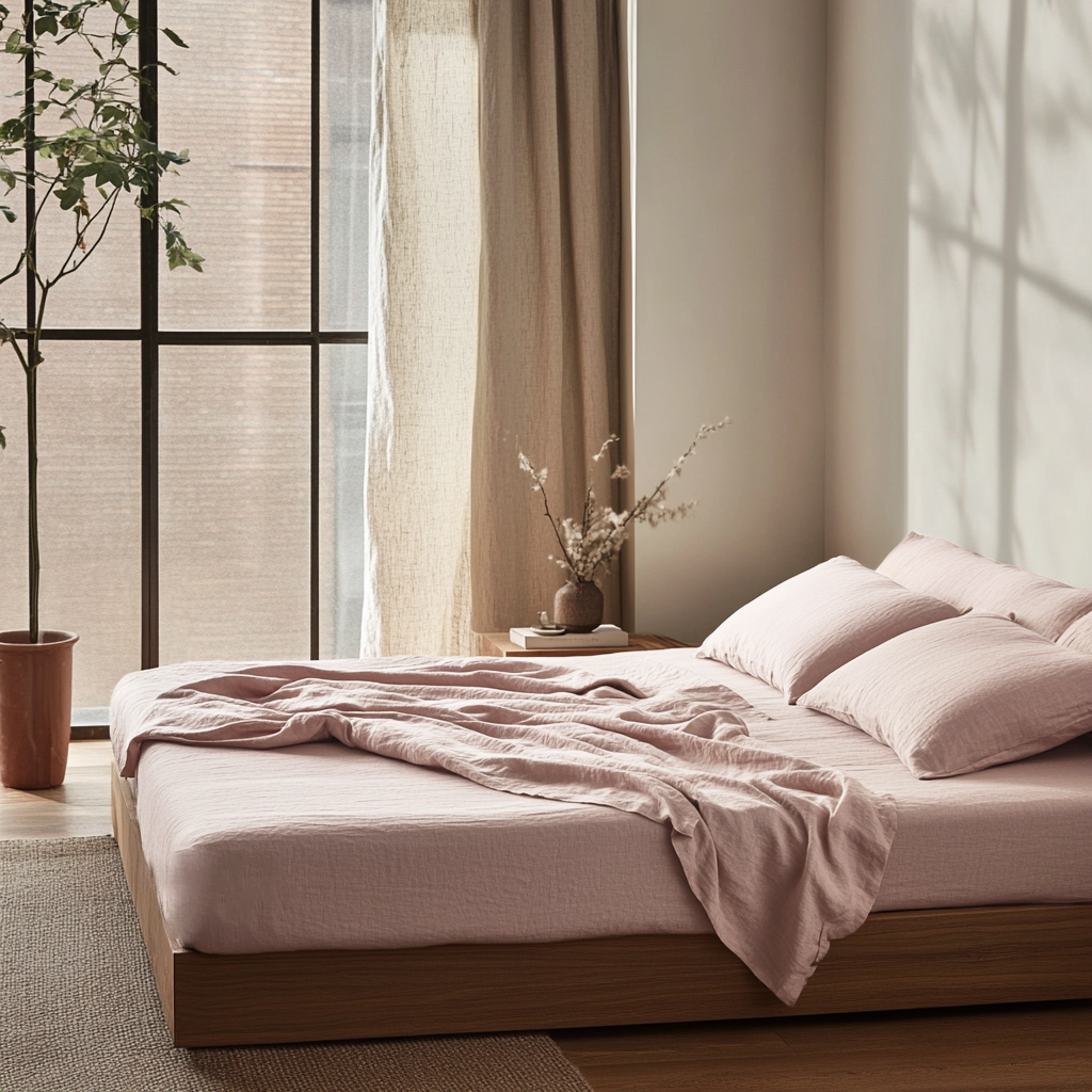Dusty Pink Washed Linen Deep Pocket Fitted Sheet Set 