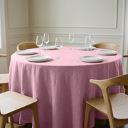 Dusty Rose Linen 108 Inch Round Tablecloth in a Minimal Dining Room with Cream Paneled Walls