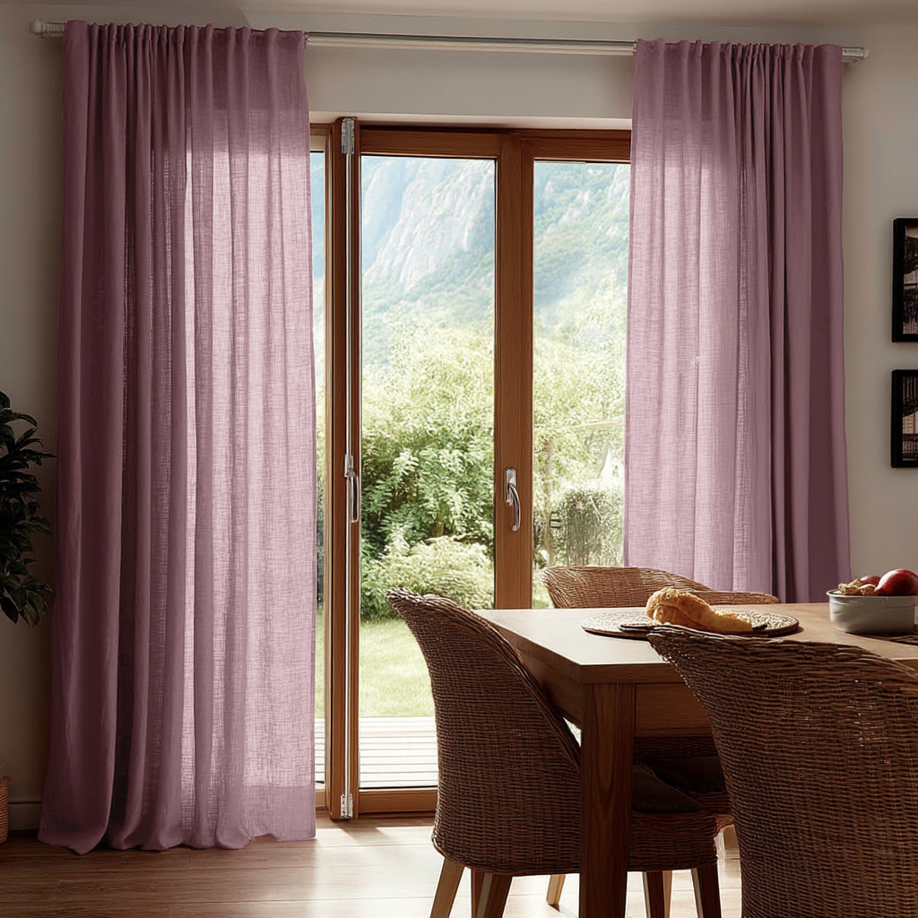 Dusty Rose Linen Back Tab Curtains for Sliding Doors in a Dining Room with Off-White Walls