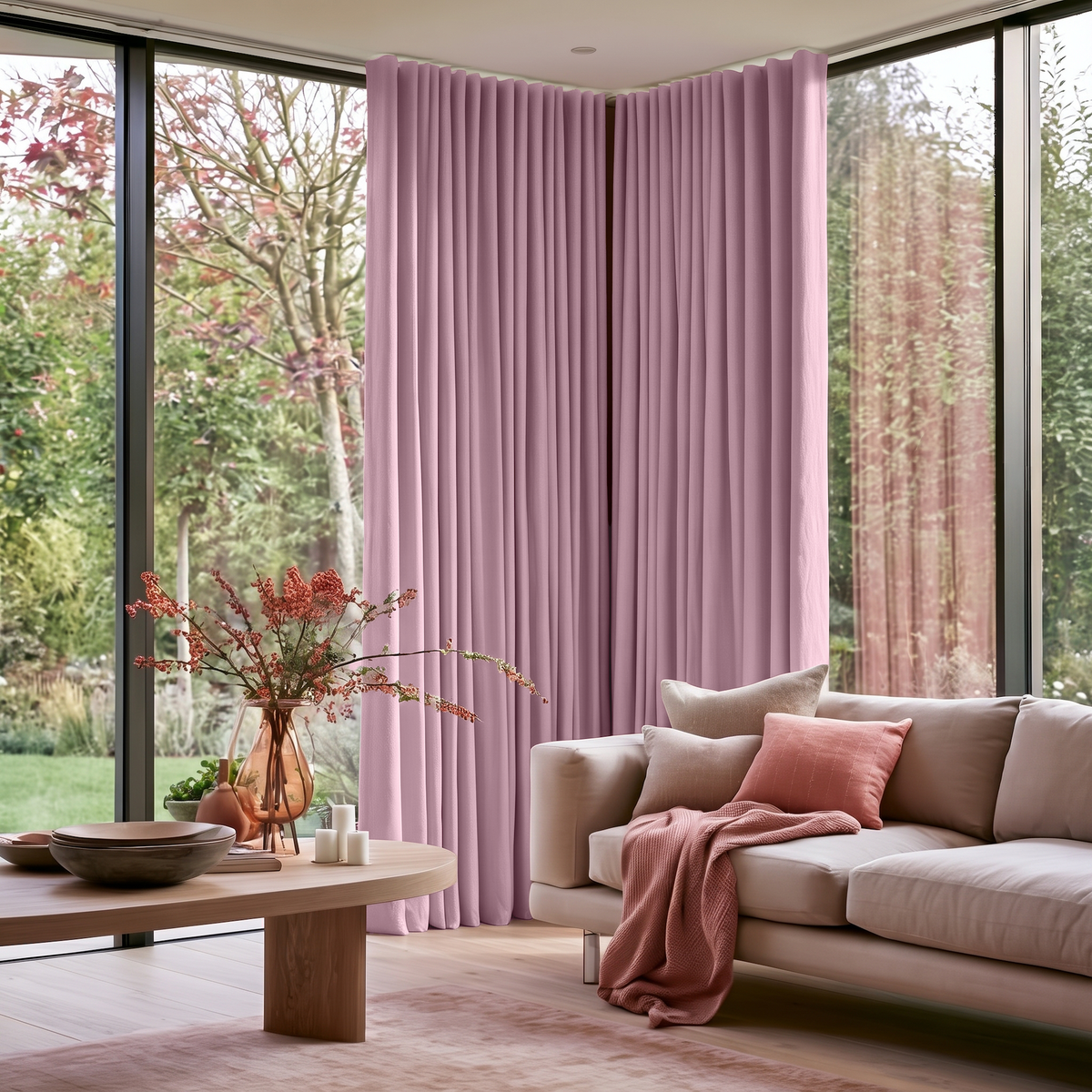 Dusty Rose Linen Back Tab Extra Long Curtains in a Contemporary Living Room with Corner Windows and Neutral Sofa