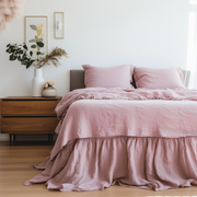 Dusty Rose Linen Bed Skirt with Gathered Ruffles