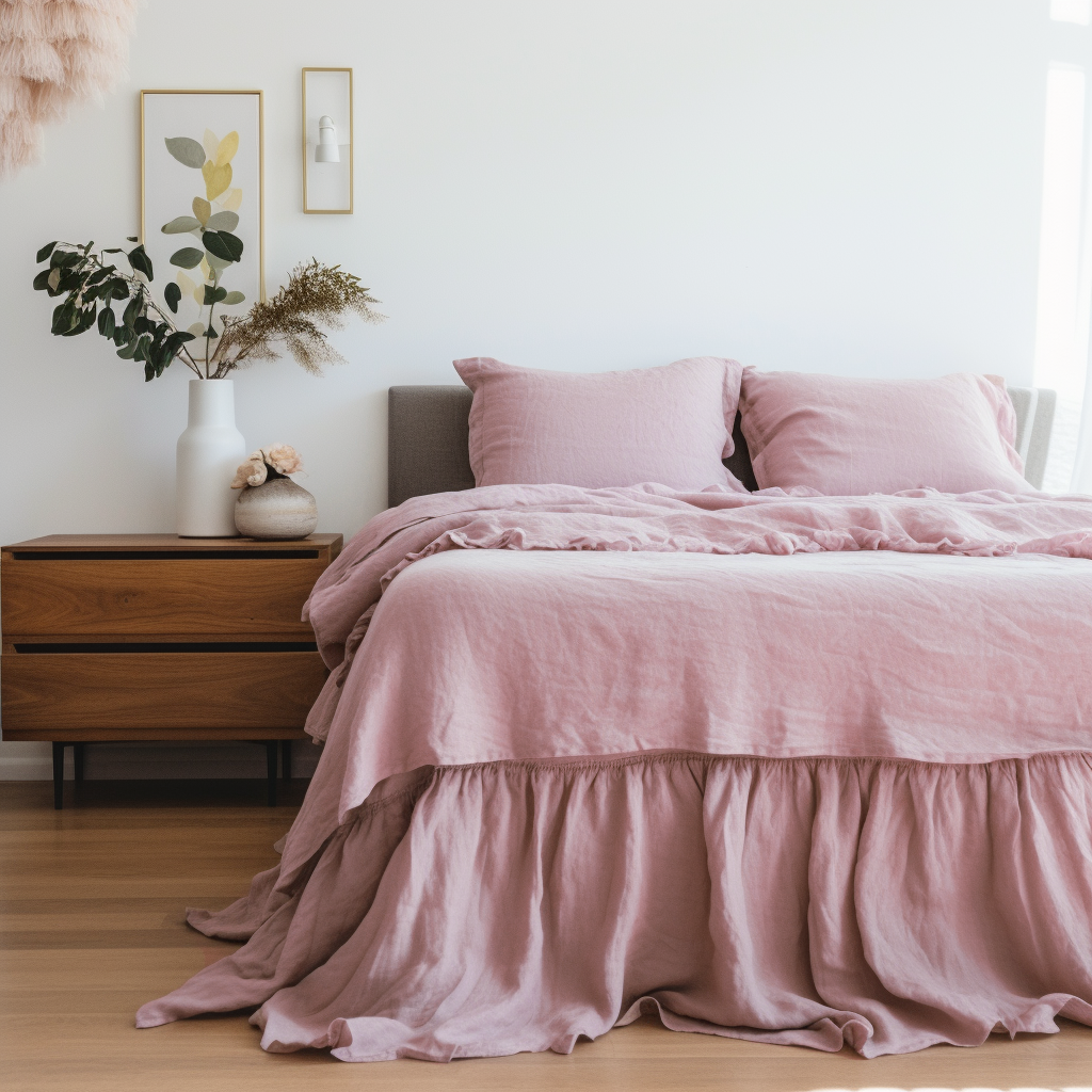 Dusty Rose Linen Bed Skirt with Gathered Ruffles