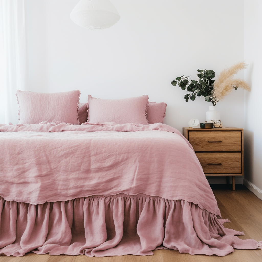 Dusty Rose Linen Bed Skirt with Gathered Ruffles