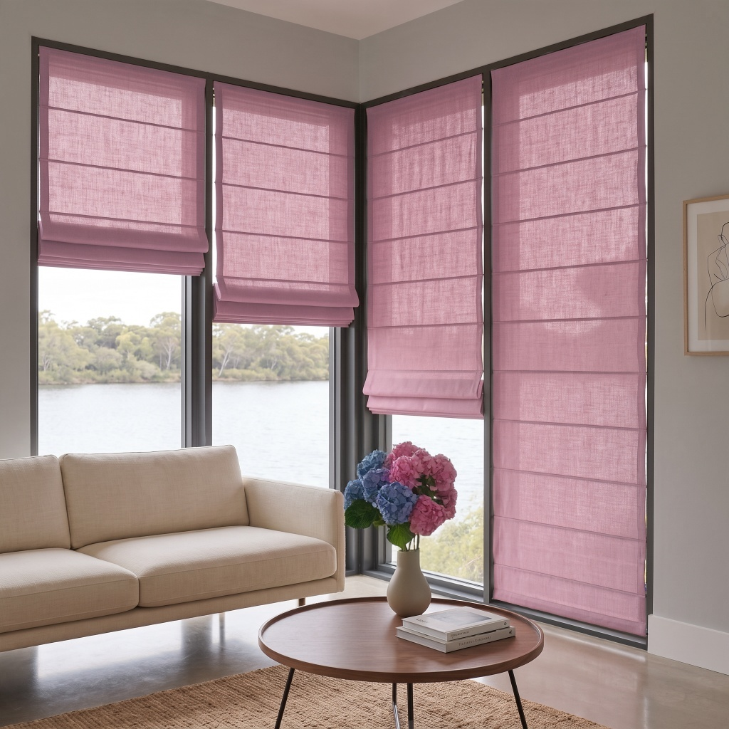 Dusty Rose Roman Shades in a Contemporary Living Room with Soft Beige Walls and a Round Wooden Coffee Table