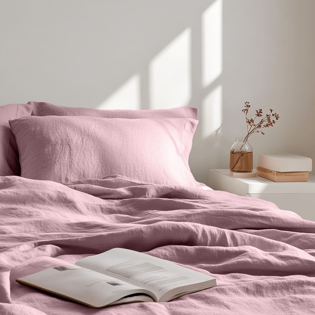 Close Up of a Dusty Rose Linen Flat Sheet