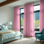 Dusty Rose Linen Grommet Bedroom Curtains in a Bright Bedroom with Soft Aqua Accents