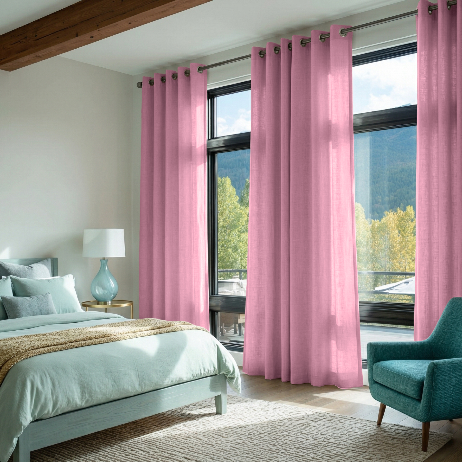 Dusty Rose Linen Grommet Bedroom Curtains in a Bright Bedroom with Soft Aqua Accents