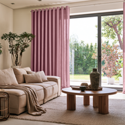Dusty Rose Linen Grommet Extra Long Curtains in a Modern, Sunlit Living Room with Beige Sofa and a Round Wooden Coffee Table