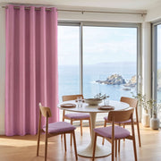 Dusty Rose Linen Grommets Dining Room Curtain in a Modern Dining Room with White Walls, Lilac Upholstered Chairs and a Rocky Coastal View - Blackout Lining