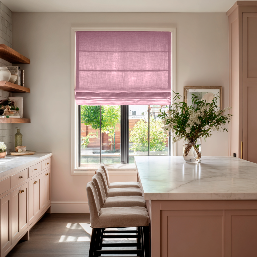 Dusty Rose Linen Roman Shades in a Bright Kitchen with a Marble Island - Cotton Lining