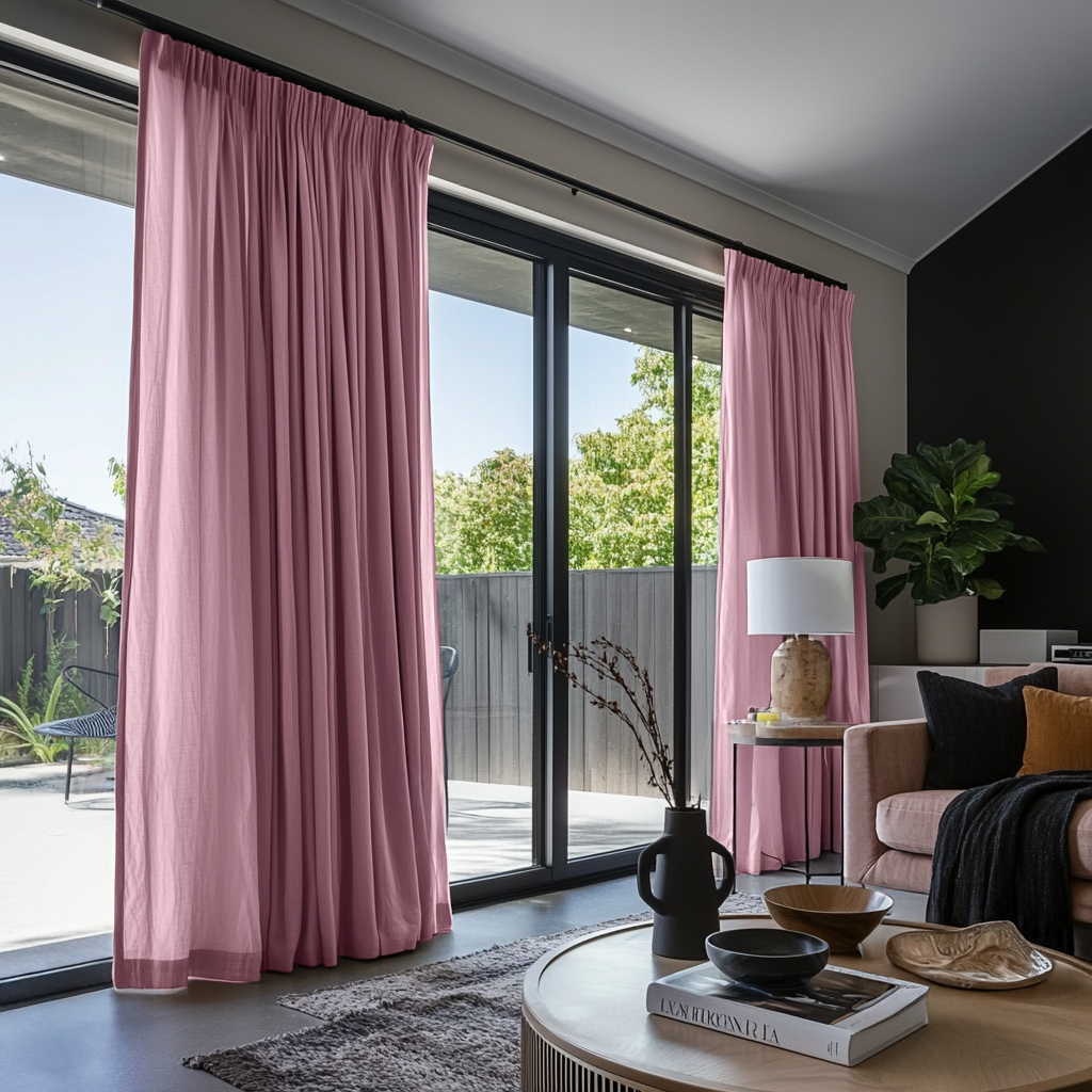 Dusty Rose Linen Pencil Pleat Curtains for Sliding Doors in a Living Room with Charcoal Walls