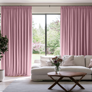 Dusty Rose Linen Pencil Pleat Extra Long Curtains in a Modern Living Room with White Sectional Sofa and Tall Sliding Glass Door