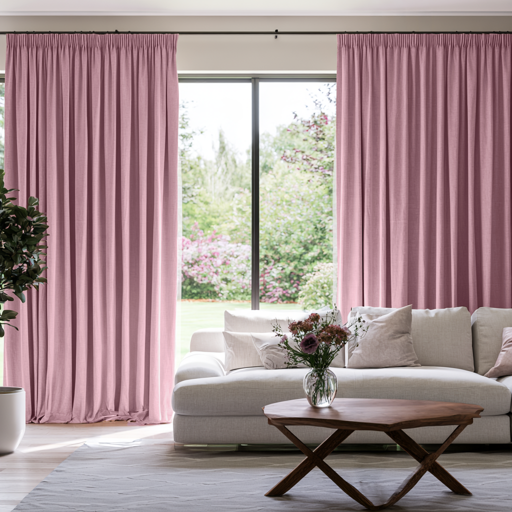 Dusty Rose Linen Pencil Pleat Extra Long Curtains in a Modern Living Room with White Sectional Sofa and Tall Sliding Glass Door