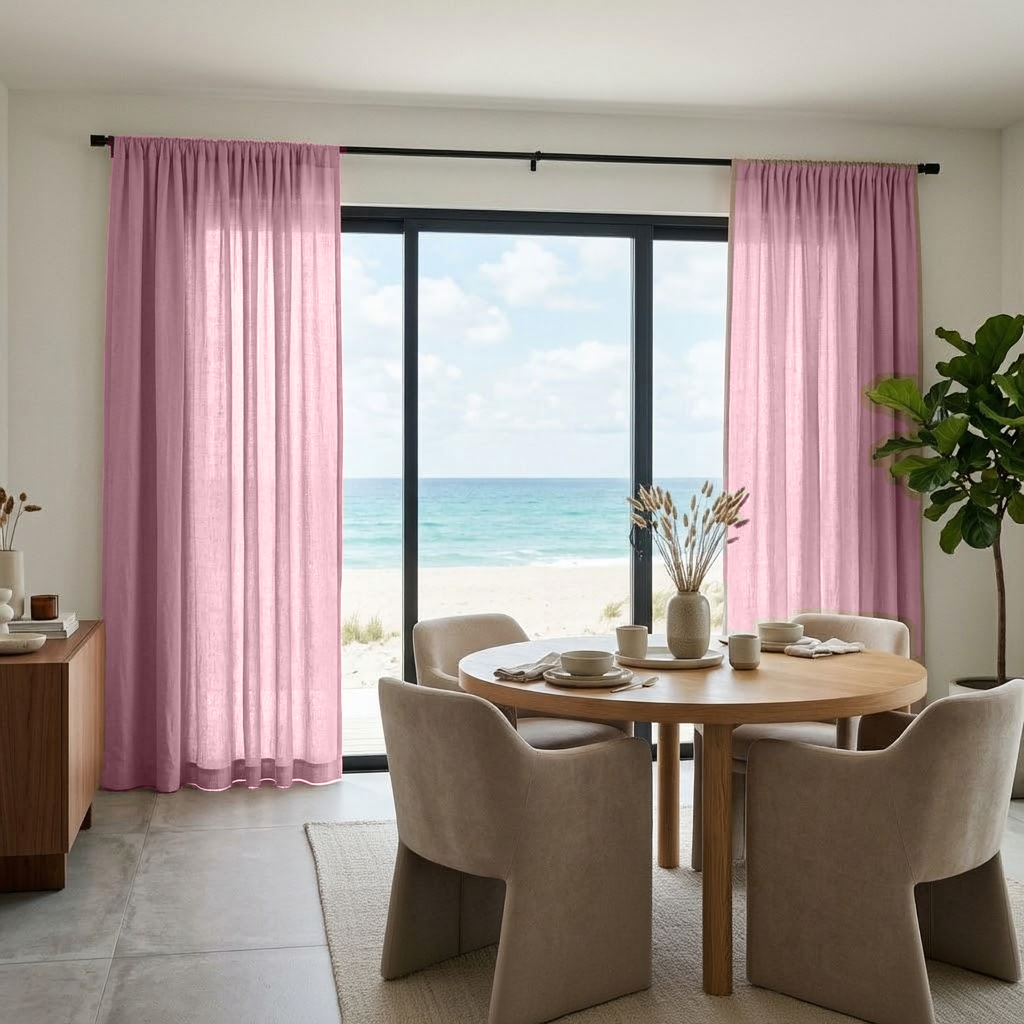 Dusty Rose Linen Rod Pocket Dining Room Curtain in a Coastal Dining Room with White Walls, a Round Wooden Table