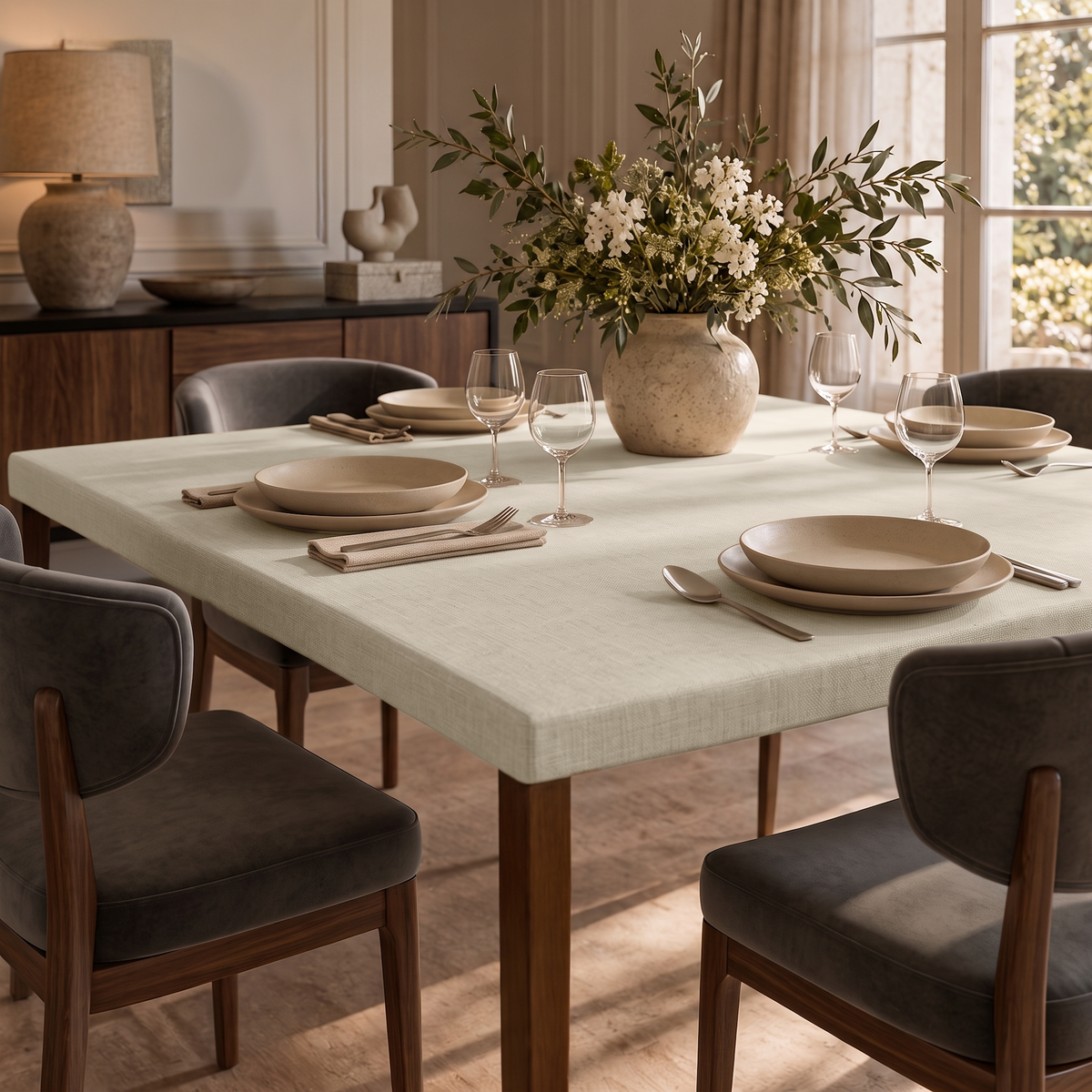 Ecru Fitted Square Heavy Weight Linen Tablecloth in a Transitional Dining Room with Gray Upholstered Chairs