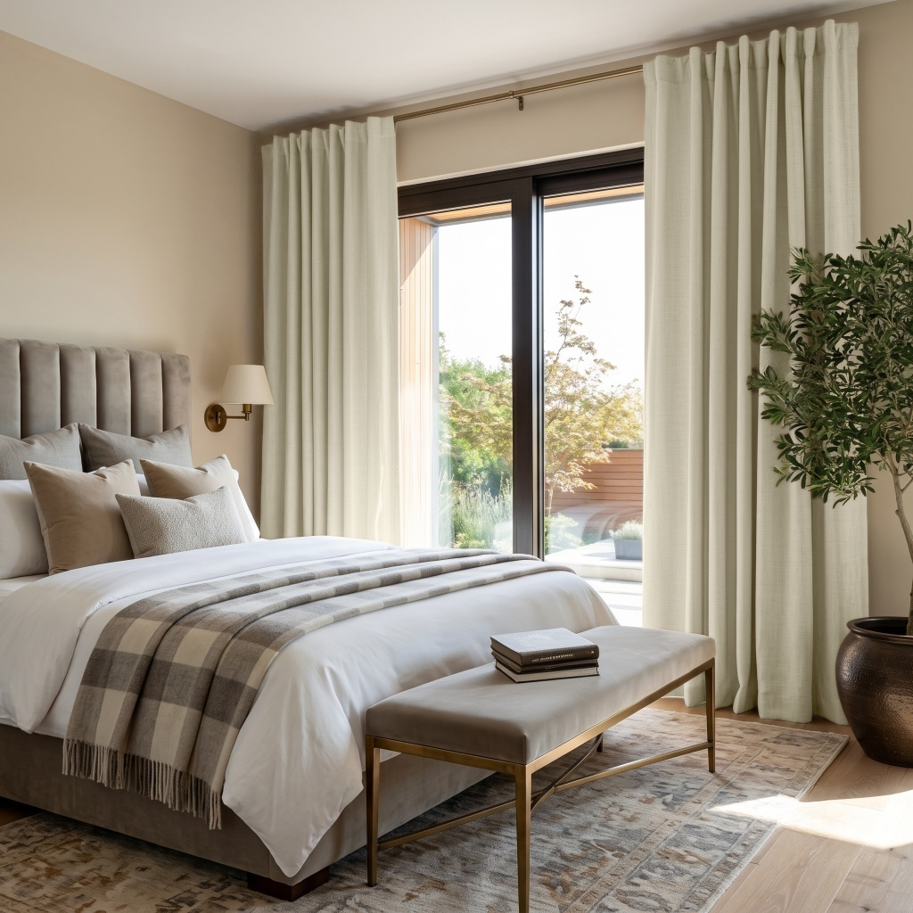 Ecru Heavy Weight Linen Back Tab Curtains for Sliding Door in a Modern Bedroom with Beige Walls, Brass Accents, and Garden View - Blackout Lining
@Heading: Back Tabs
