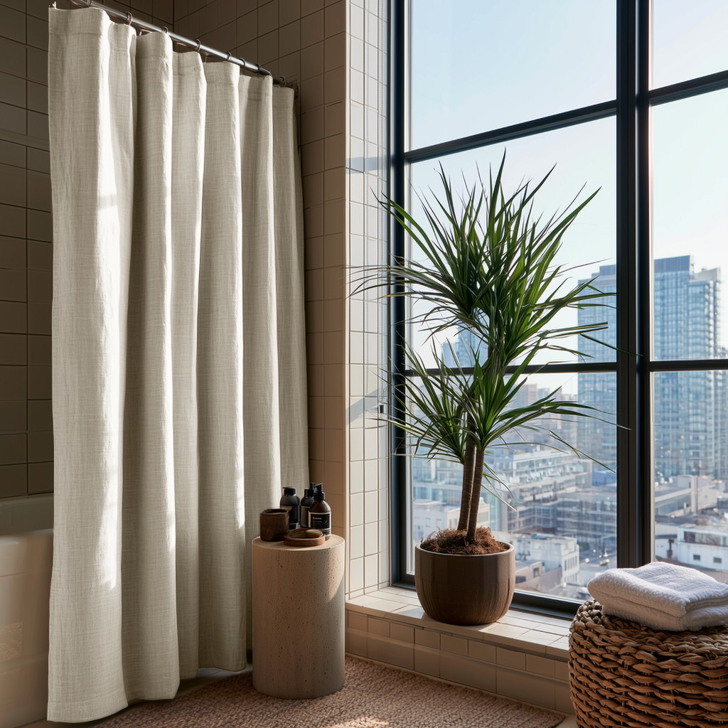 Ecru Heavy Weight Linen Button-Hole Top Weighted Shower Curtain in a Modern Bathroom with Beige Tile Walls