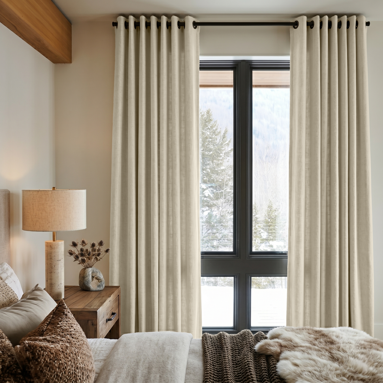 Ecru Heavy Weight Linen Grommet Curtains in a Cozy Mountain Bedroom With Warm Wood Accents - Cotton Lining