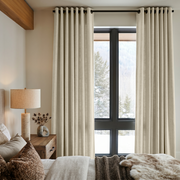 Ecru Heavy Weight Linen Grommet Curtains in a Cozy Mountain Bedroom With Warm Wood Accents - Cotton Lining