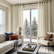 Ecru Heavy Weight Linen Grommet Curtains for Sliding Door in a Bright Living Room with Cream Seating, Black Rod, and Balcony View
@Heading: Grommets